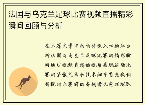法国与乌克兰足球比赛视频直播精彩瞬间回顾与分析