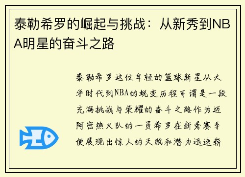 泰勒希罗的崛起与挑战：从新秀到NBA明星的奋斗之路