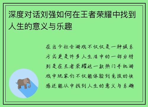 深度对话刘强如何在王者荣耀中找到人生的意义与乐趣