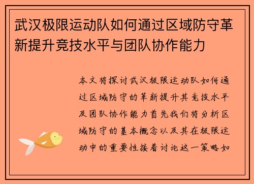 武汉极限运动队如何通过区域防守革新提升竞技水平与团队协作能力