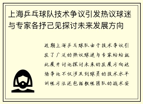 上海乒乓球队技术争议引发热议球迷与专家各抒己见探讨未来发展方向