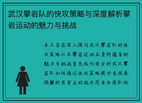 武汉攀岩队的快攻策略与深度解析攀岩运动的魅力与挑战