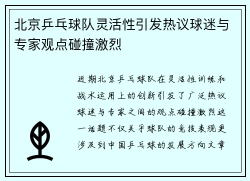 北京乒乓球队灵活性引发热议球迷与专家观点碰撞激烈