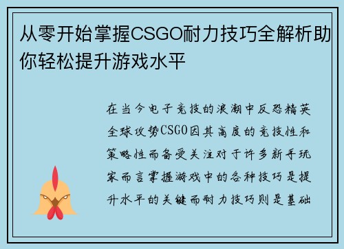 从零开始掌握CSGO耐力技巧全解析助你轻松提升游戏水平