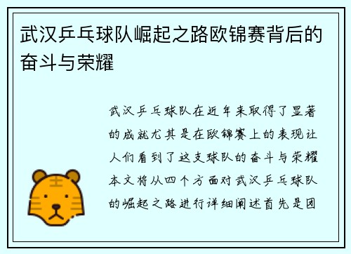 武汉乒乓球队崛起之路欧锦赛背后的奋斗与荣耀