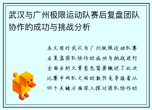 武汉与广州极限运动队赛后复盘团队协作的成功与挑战分析