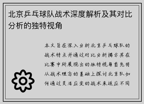 北京乒乓球队战术深度解析及其对比分析的独特视角