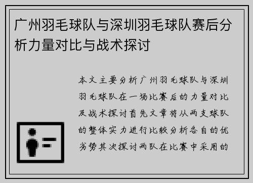 广州羽毛球队与深圳羽毛球队赛后分析力量对比与战术探讨